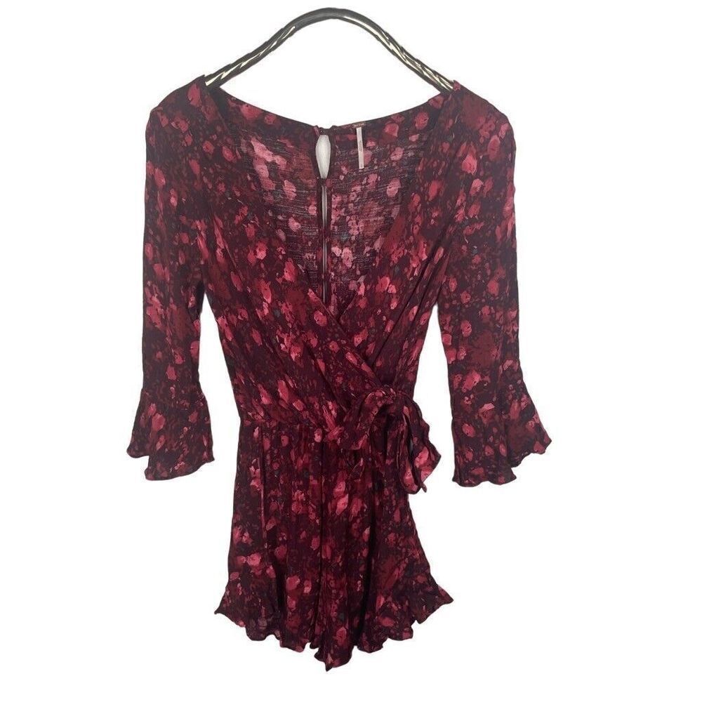 Free People Red Orange Purple Floral Ruffle Romper Viscose Rayon Size Small